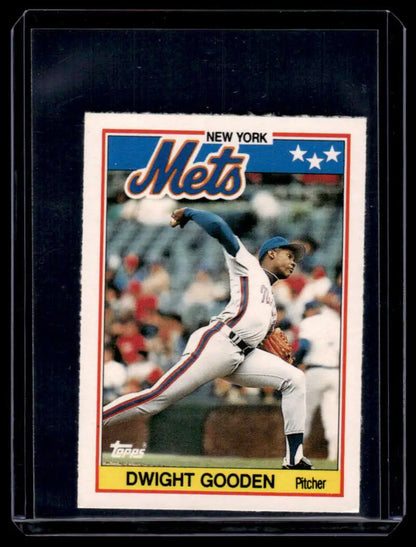 Baseball card of Dwight Gooden in mid-throwing motion from Topps UK Minis series