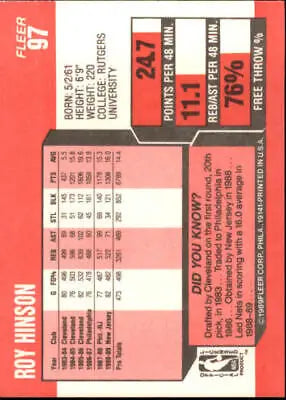 Back of 1989-90 Fleer Roy Hinson New Jersey Nets NBA basketball card in NM condition