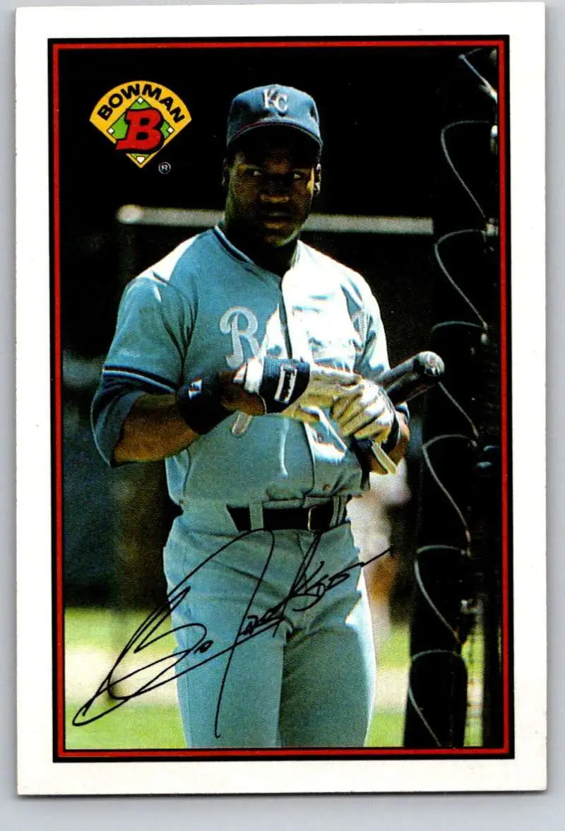 Baseball card of Bo Jackson in light blue Kansas City Royals uniform