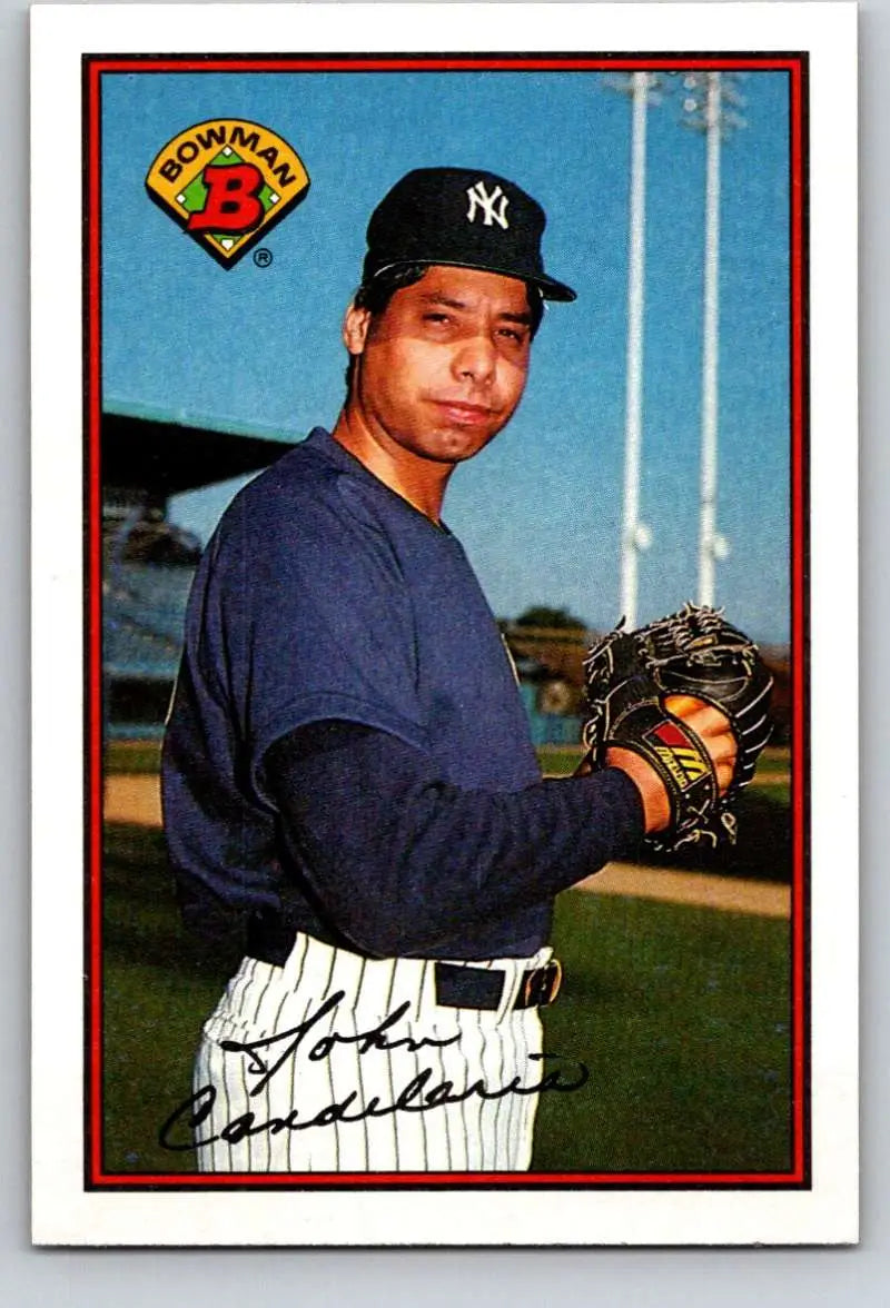 Baseball card of John Candelaria in New York Yankees navy uniform with glove