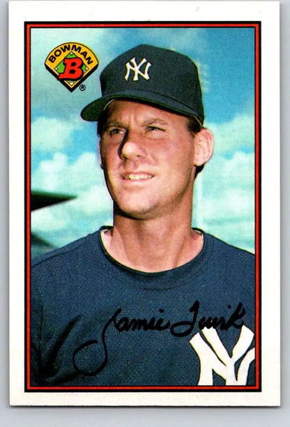 Baseball card of Jamie Quirk in New York Yankees cap with iconic NY logo