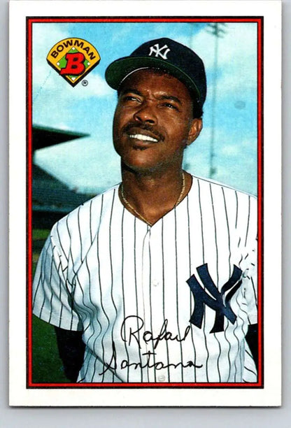 Baseball card of Rafael Santana in New York Yankees pinstriped uniform and cap