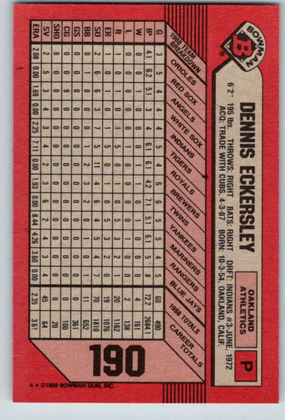 Red 1989 Bowman #190 Dennis Eckersley Oakland Athletics Baseball Card with stats grid