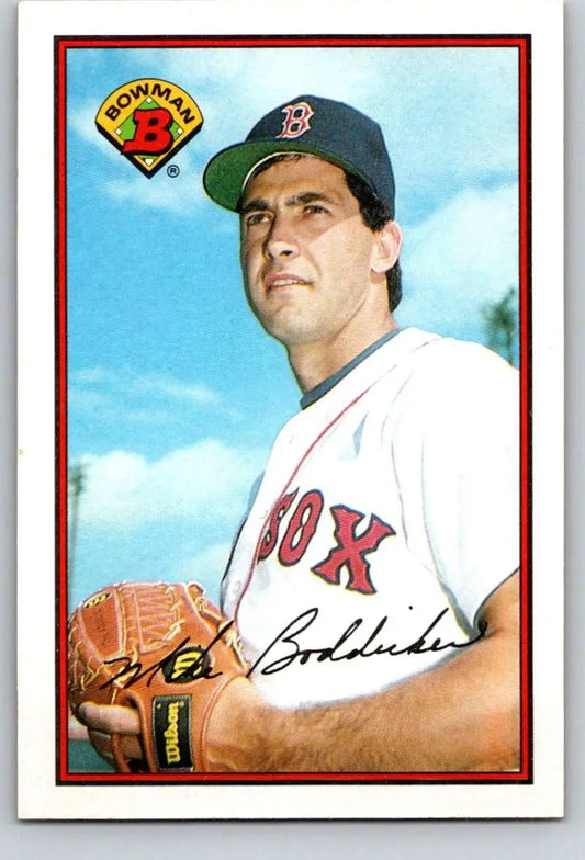 Baseball player in Boston Red Sox uniform holding glove on 1989 Bowman baseball card