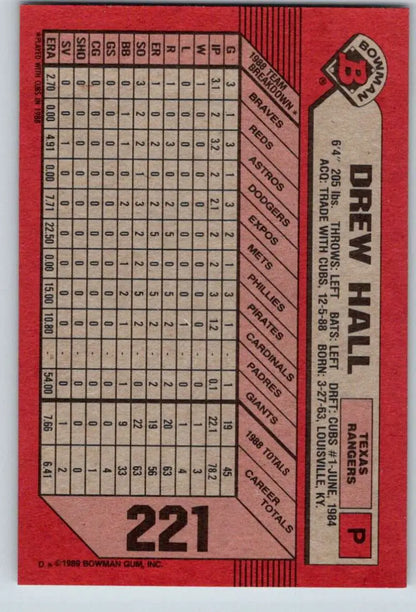 Red 1989 Bowman #221 Drew Hall Texas Rangers Baseball Card with statistics grid