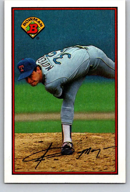 Baseball pitcher Jamie Moyer in delivery wearing Texas Rangers uniform on baseball card