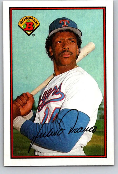 Texas Rangers Baseball Card featuring Julio Franco in a white uniform holding a bat