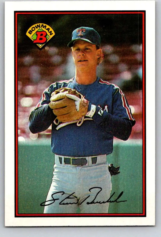 Baseball card of Steve Buechele in navy blue Texas Rangers uniform