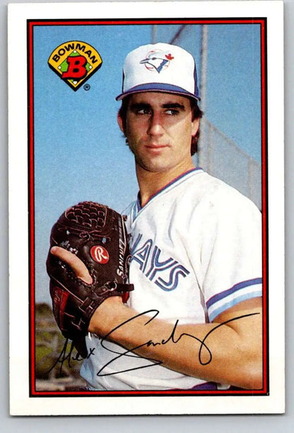 Baseball card of Alex Sanchez in white Toronto Blue Jays uniform with glove