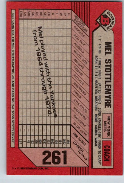 Red 1989 Bowman Mel Stottlemyre trading card for New York Mets with stats and data