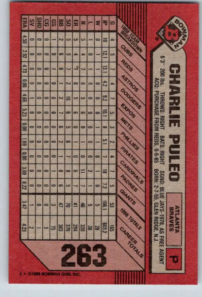 1989 Bowman #263 Charlie Puleo Atlanta Braves Baseball Card with player statistics