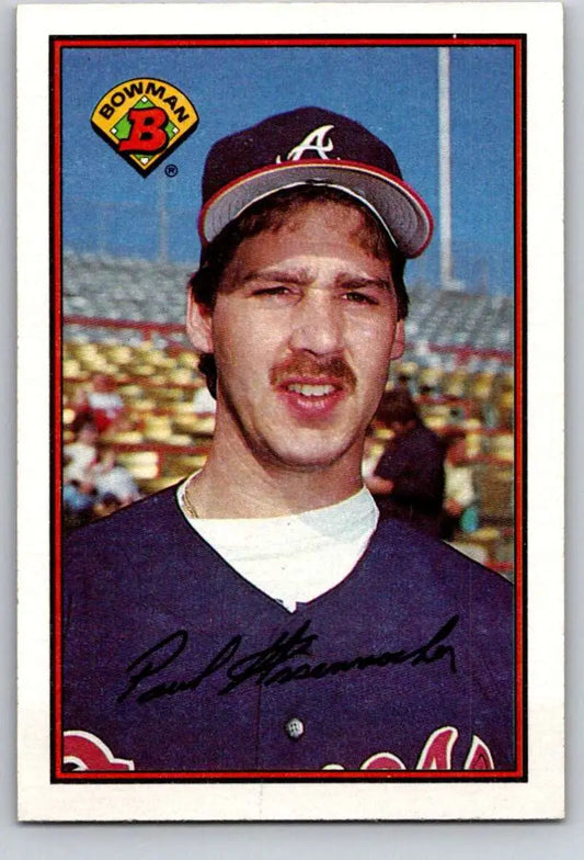 Paul Assenmacher Atlanta Braves baseball card in navy uniform and cap from 1989 Bowman