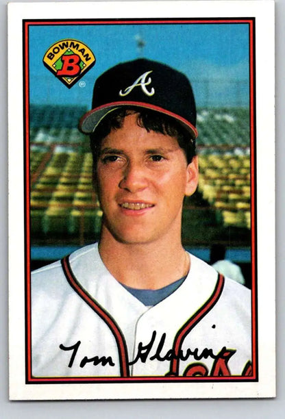 Baseball card of Tom Glavine in Atlanta Braves uniform and cap from 1989 Bowman