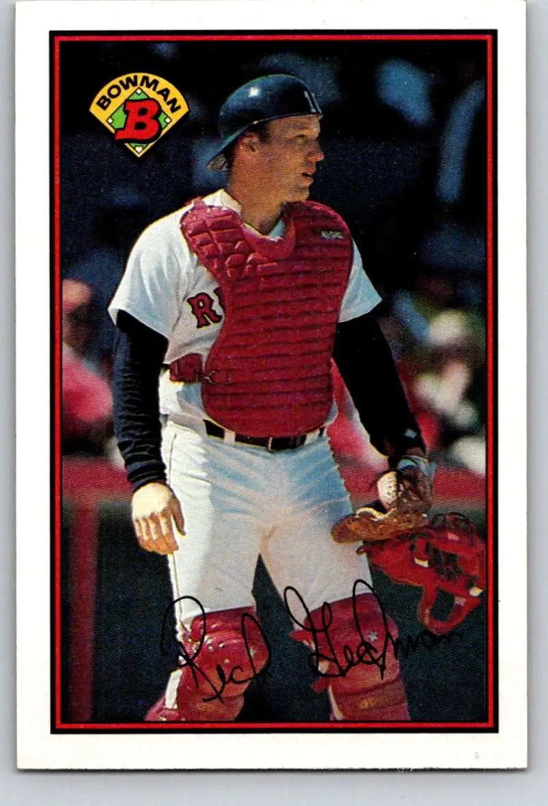 Baseball catcher in Boston Red Sox uniform with red gear, Rich Gedman on card