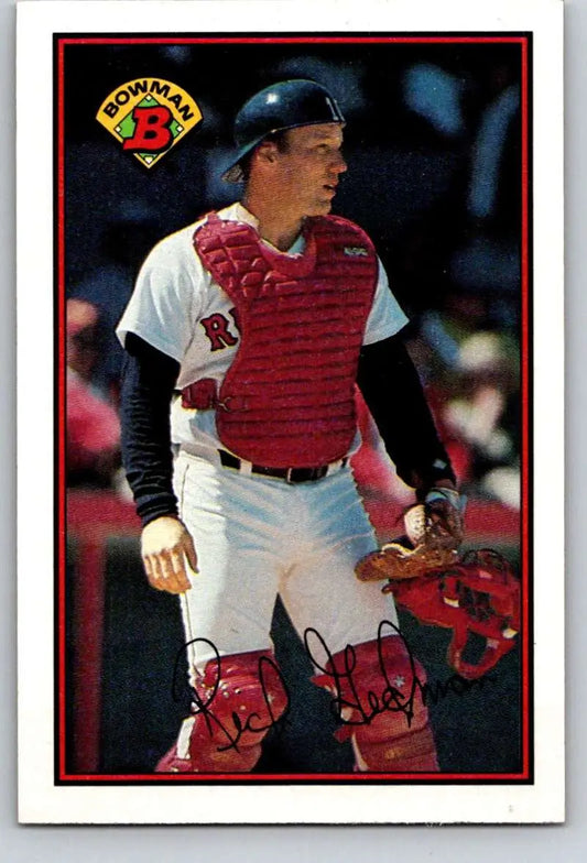 Baseball catcher in Boston Red Sox uniform with red gear, Rich Gedman on card