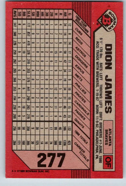 1989 Bowman #277 Dion James Atlanta Braves Baseball Card with stats on red background