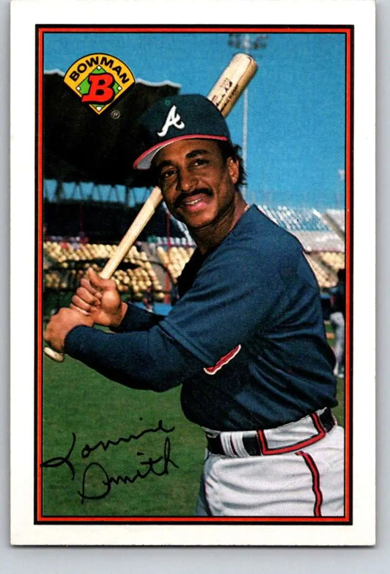 Baseball card of Lonnie Smith in a batting stance for Atlanta Braves 1989 Bowman