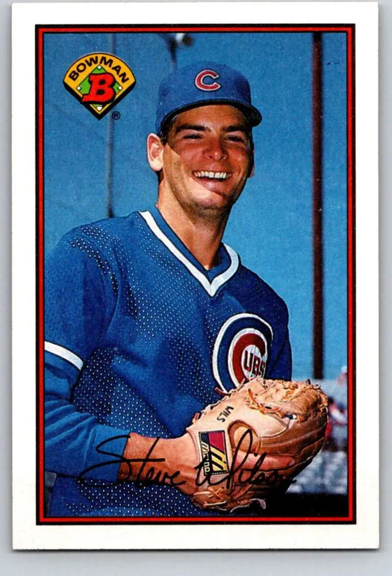 Steve Wilson smiling in Chicago Cubs uniform holding glove on baseball card