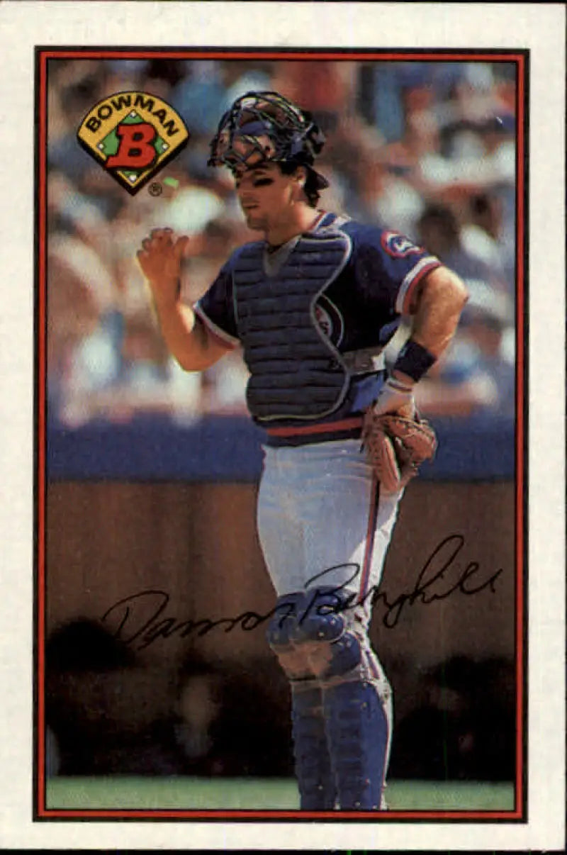 Damon Berryhill in dark uniform as Chicago Cubs catcher on 1989 Bowman baseball card