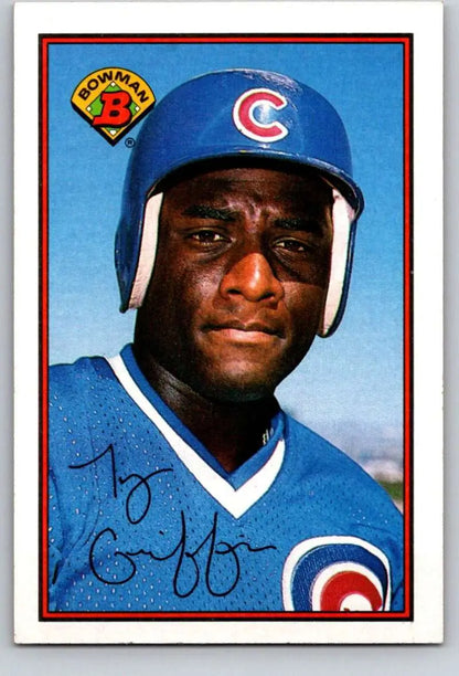 Chicago Cubs baseball player in uniform with blue batting helmet for Cubs baseball card