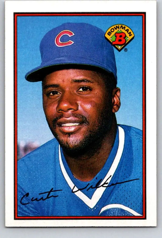 Chicago Cubs Baseball Card of Curtis Wilkerson in blue cap with C logo