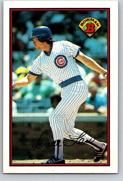 Vance Law in Chicago Cubs pinstriped uniform batting during a game for baseball card