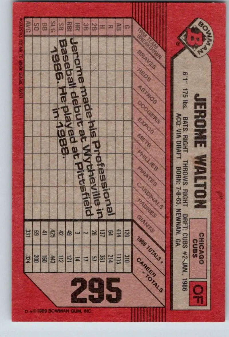 Red baseball card featuring Jerome Walton, Chicago Cubs, numbered 295 with player stats