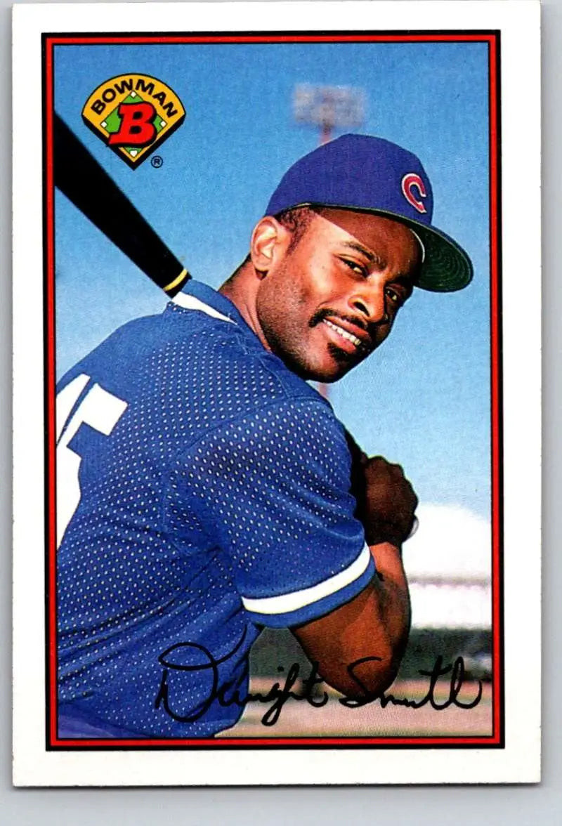 Baseball player in blue Cubs uniform holding bat on Dwight Smith Chicago Cubs card