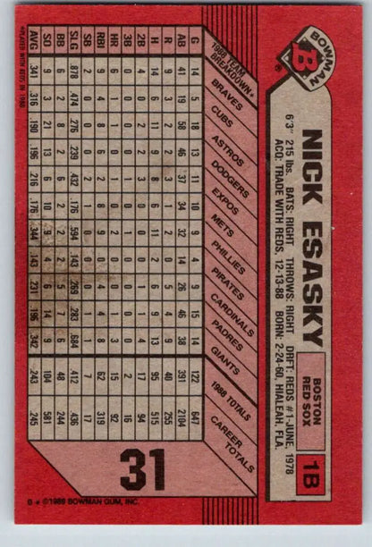 Red Baseball Card featuring Nick Esasky stats for Boston Red Sox 1989 Bowman #31