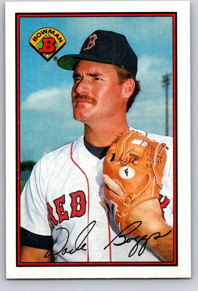 Baseball card of Wade Boggs in Boston Red Sox home uniform with glove