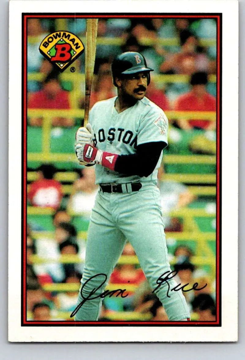 Boston Red Sox baseball card of Jim Rice in road gray uniform at bat