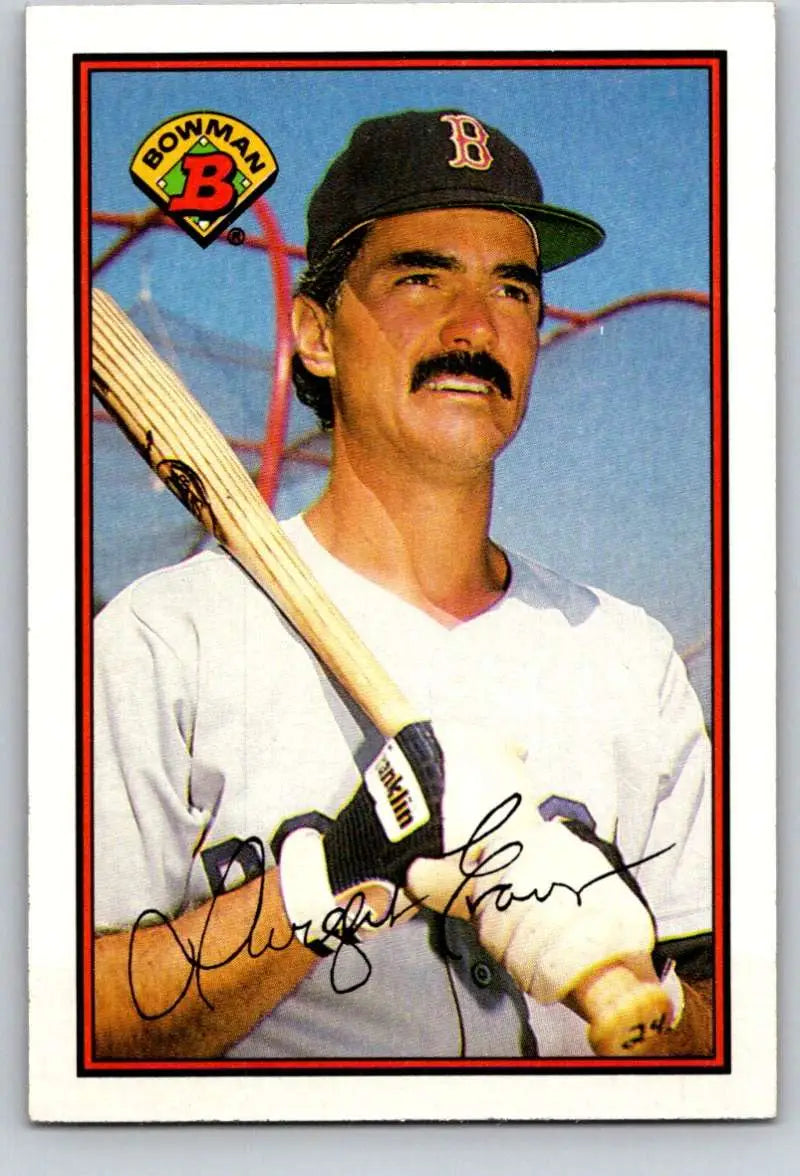 Baseball card of Dwight Evans, Boston Red Sox player with a mustache and bat