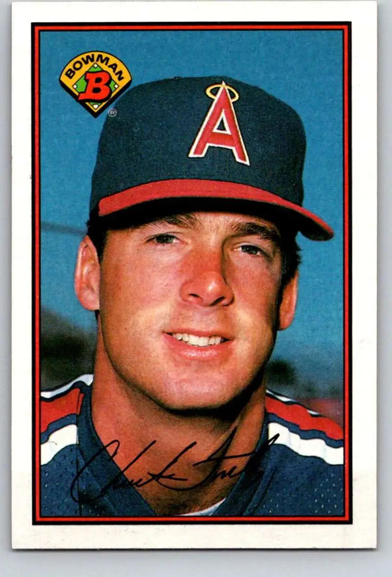 Baseball player in California Angels cap featured on a Chuck Finley baseball card