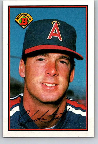 Baseball player in California Angels cap featured on a Chuck Finley baseball card