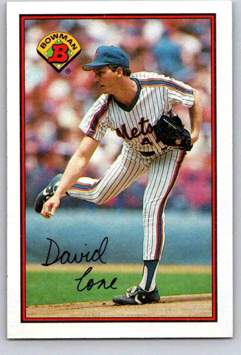 David Cone mid-delivery on a New York Mets baseball card from 1989 Bowman