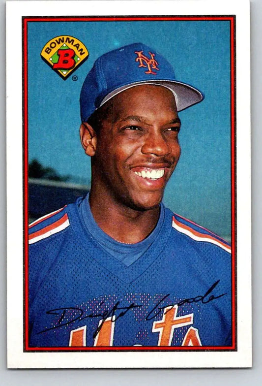 Baseball card of Dwight Gooden in New York Mets uniform and cap from 1989 Bowman