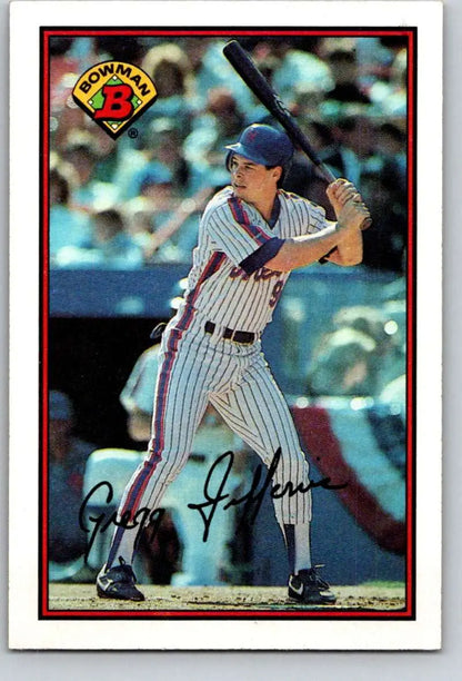 Baseball card of Gregg Jefferies in pinstripe uniform for New York Mets