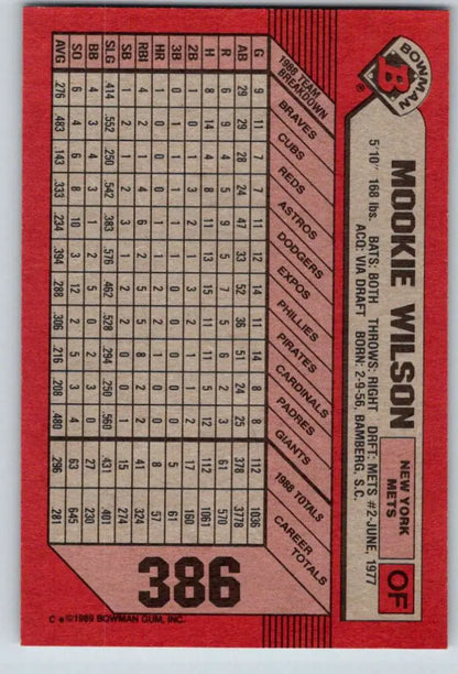 Red 1989 Bowman #386 Mookie Wilson Yankees baseball card with stats and grid format