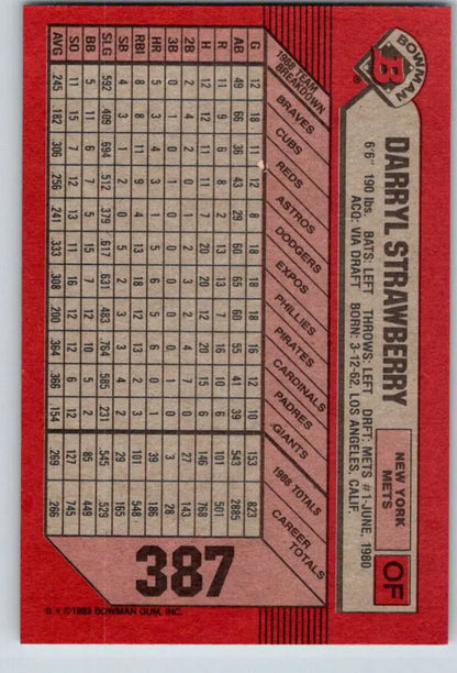 Red 1989 Bowman #387 Darryl Strawberry New York Mets Baseball Card with statistics