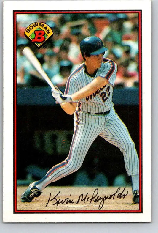 Baseball card of Kevin McReynolds in New York Mets pinstripe uniform at bat