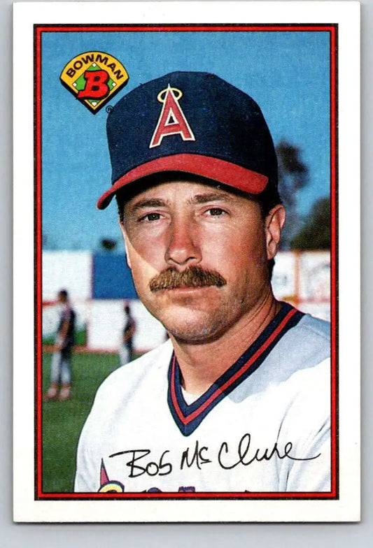 Baseball card of Bob McClure in California Angels uniform with navy cap and red brim