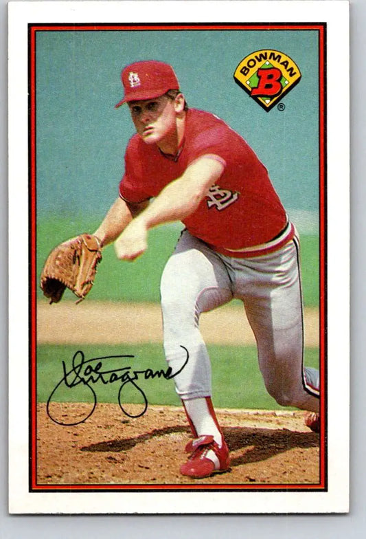 Joe Magrane mid-pitch in red Cardinals uniform on 1989 Bowman baseball card