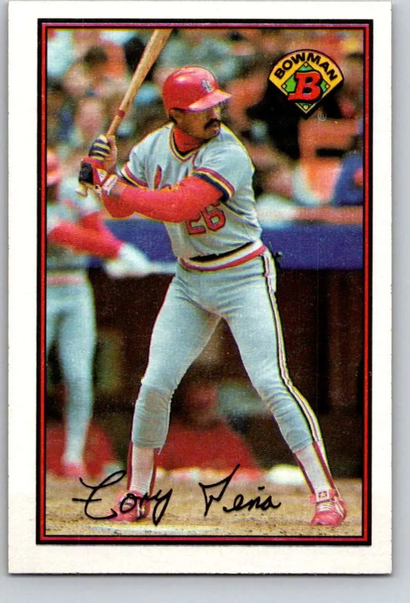 Baseball card of Tony Pena in white uniform with red accents for St. Louis Cardinals