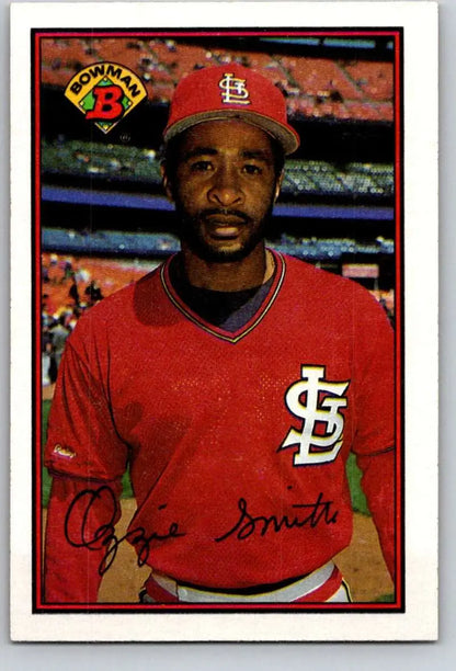 Ozzie Smith baseball card featuring St. Louis Cardinals player in red uniform with STL logo