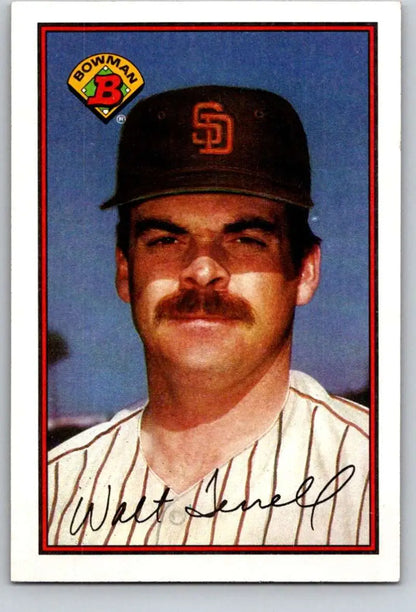 Baseball card of Walt Terrell in San Diego Padres pinstriped uniform with mustache