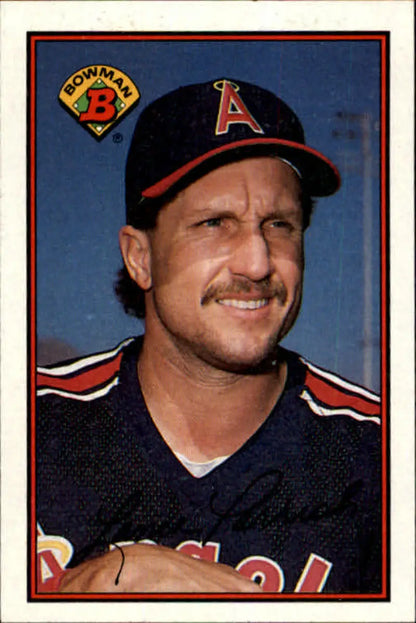 Baseball card of Lance Parrish in navy California Angels uniform from the 1980s