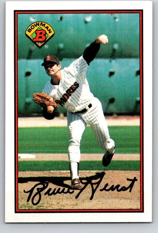 Baseball card of Bruce Hurst pitching in white pinstriped uniform for San Diego Padres