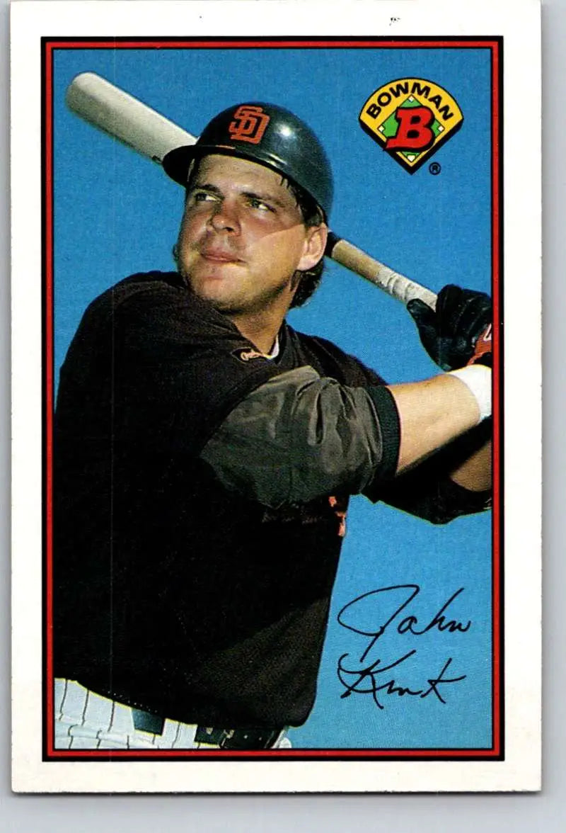 Baseball player John Kruk in black San Diego Padres uniform with bat for baseball card