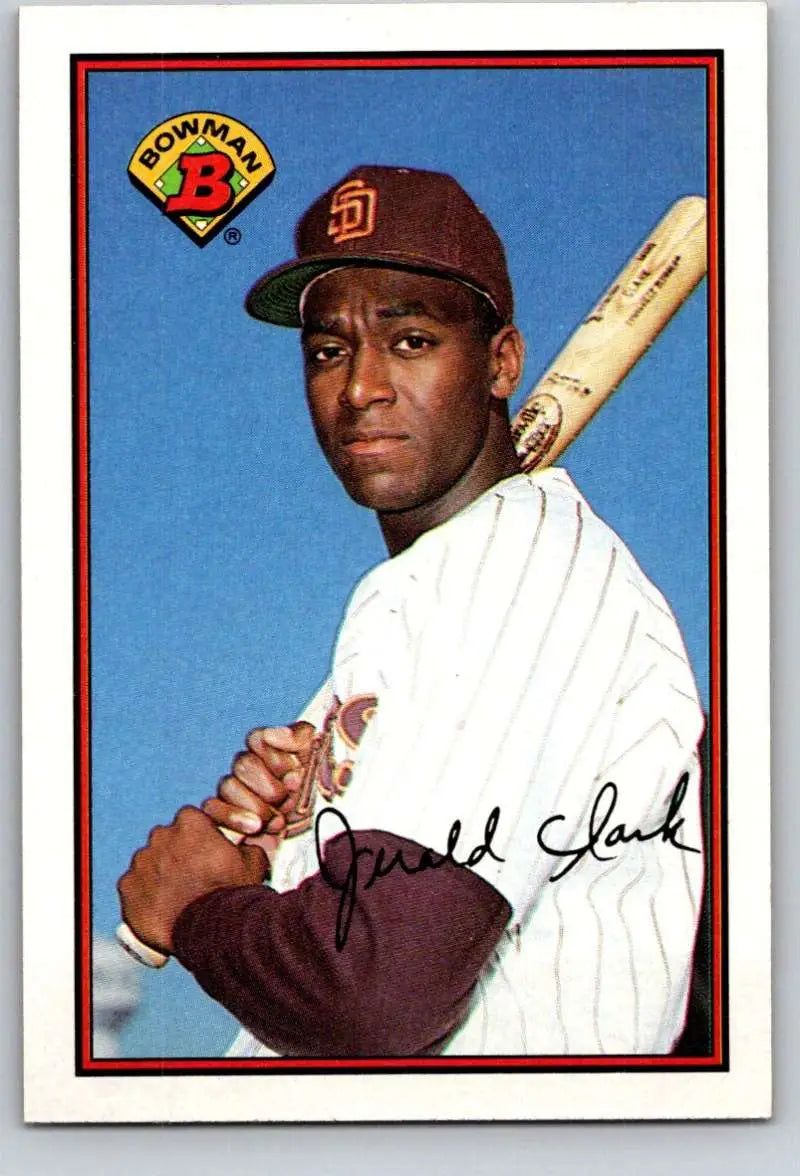 Baseball card of Jerald Clark in batting stance, San Diego Padres white uniform