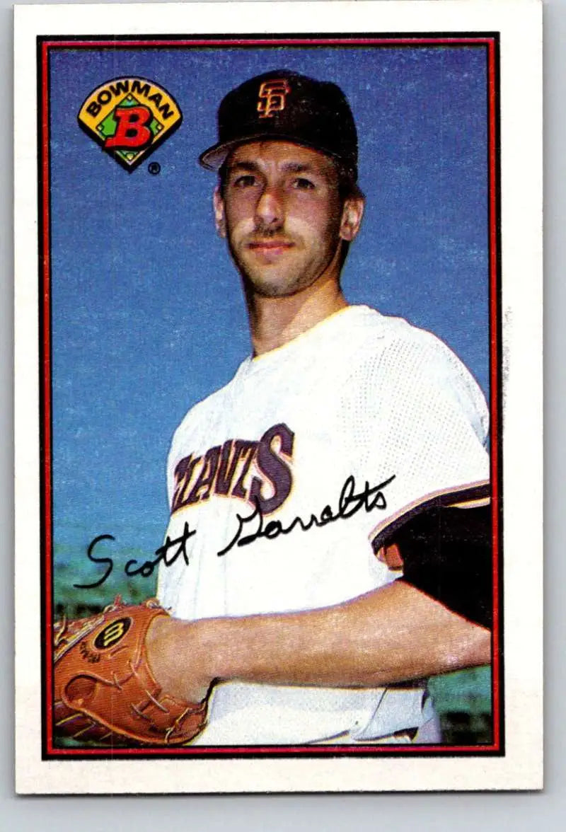 Baseball card of Scott Garrelts in white uniform for San Francisco Giants